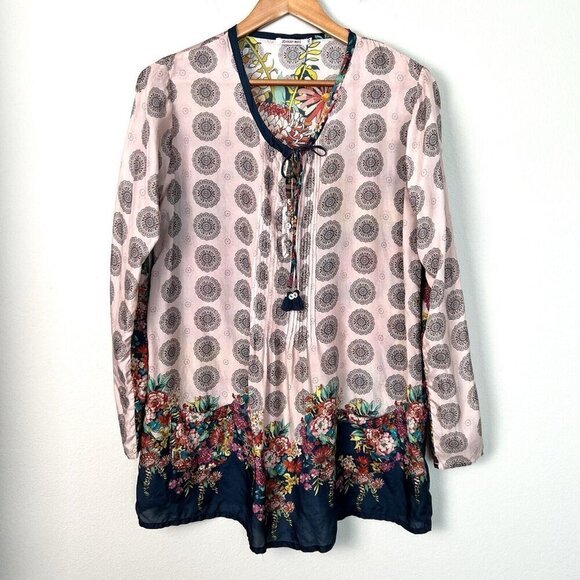 Johnny Was Silk Pintuck Tunic Blouse Maximalist Colorful Feminine Size XS - Picture 1 of 9